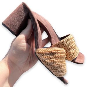 JEFFREY CAMPBELL Mixup Block Heel Slide Sandal Brown Suede Tan Crochet Size 6.5